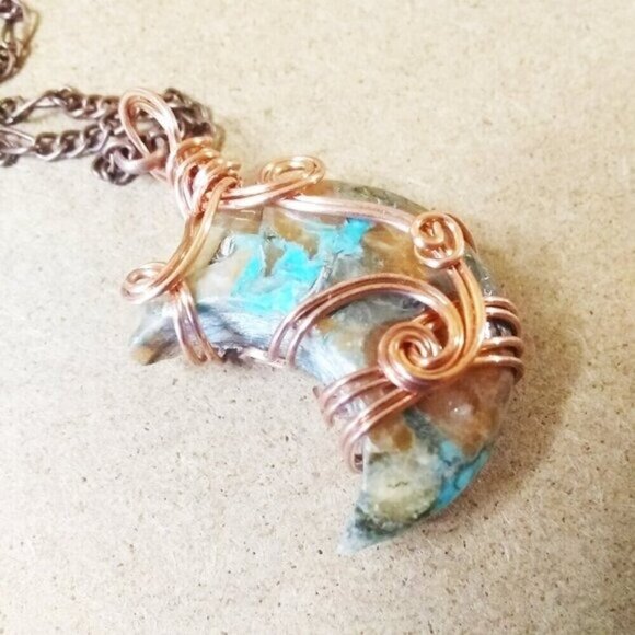 Boho Moon Goddess! Crescent Moon Necklace ~ Turquoise Agate + Quartz Composition - Picture 9 of 11